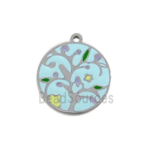 Raw Stainless Steel Circle Pendant Tree Of Life Multicolor Enamel