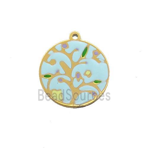 Stainless Steel Circle Pendant Tree Of Life Multicolor Enamel Gold Plated