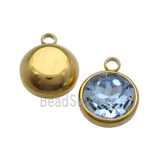 Stainless Steel Button Pendant Pave Blue Crystal Gold Plated