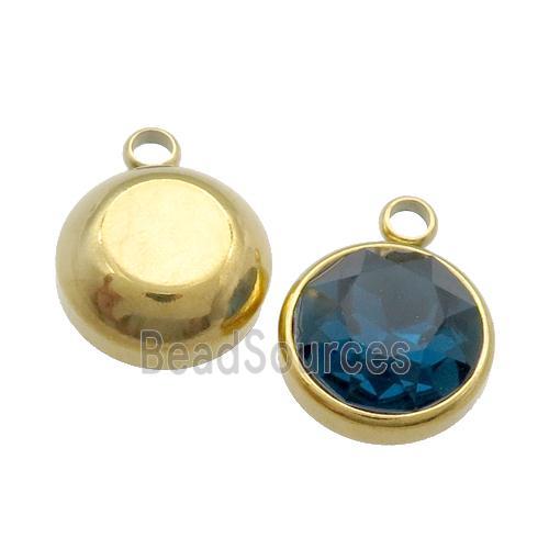 Stainless Steel Button Pendant Pave DeepBlue Crystal Gold Plated