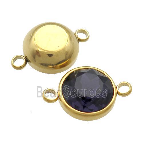 Stainless Steel Button Connector Pave DarkBlue Crystal Gold Plated