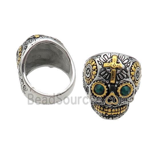 Stainless Steel Skull Ring Pave Rhinestone Antique Gold