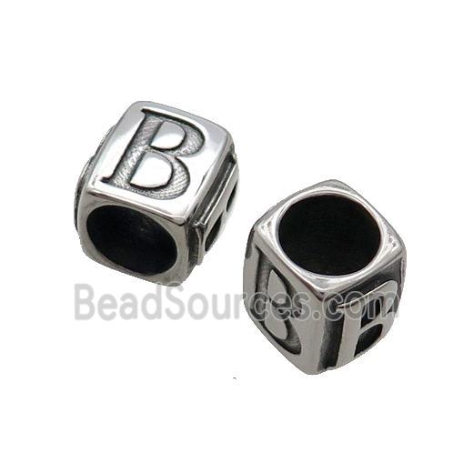 Stainless Steel Cube Paracord Beads Letter-B Large Hole Antique Silver