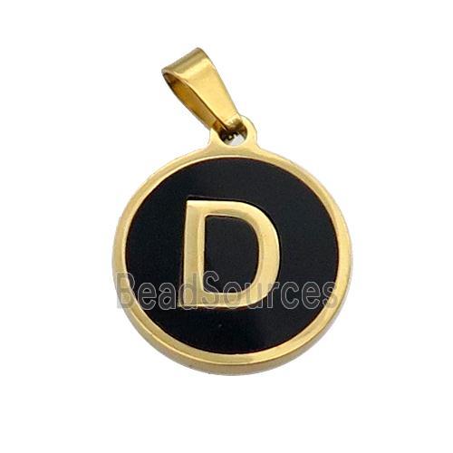 Stainless Steel Pendant Pave Black Agate Letter-D Gold Plated