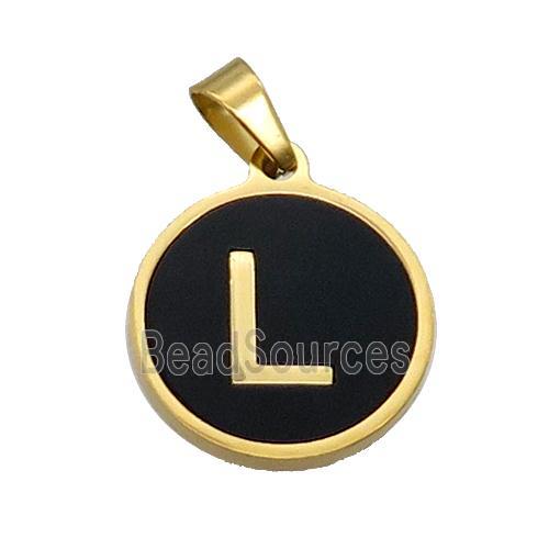 Stainless Steel Pendant Pave Black Agate Letter-L Gold Plated