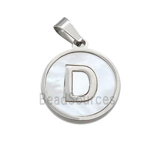 Raw Stainless Steel Pendant Pave White Shell Letter-D