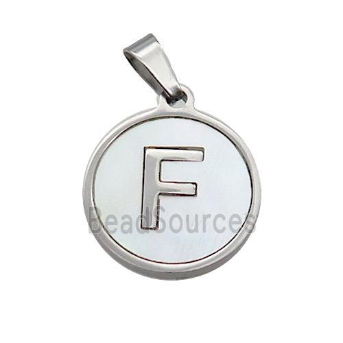 Raw Stainless Steel Pendant Pave White Shell Letter-F