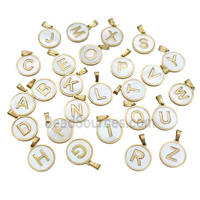 Stainless Steel Letter Pendant Pave White Shell Mix Alphabet Gold Plated