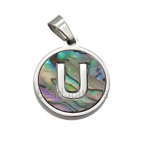 Raw Stainless Steel Pendant Pave Abalone Shell Letter-U