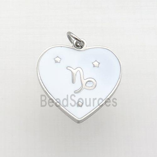 Raw Stainless Steel Heart Pendant White Enamel Zodiac Capricorn