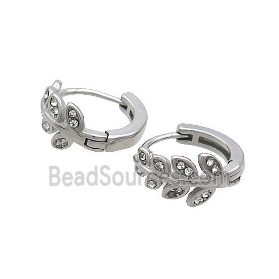 Raw Stainless Steel Hoop Earrings Pave Rhinestone Leaf