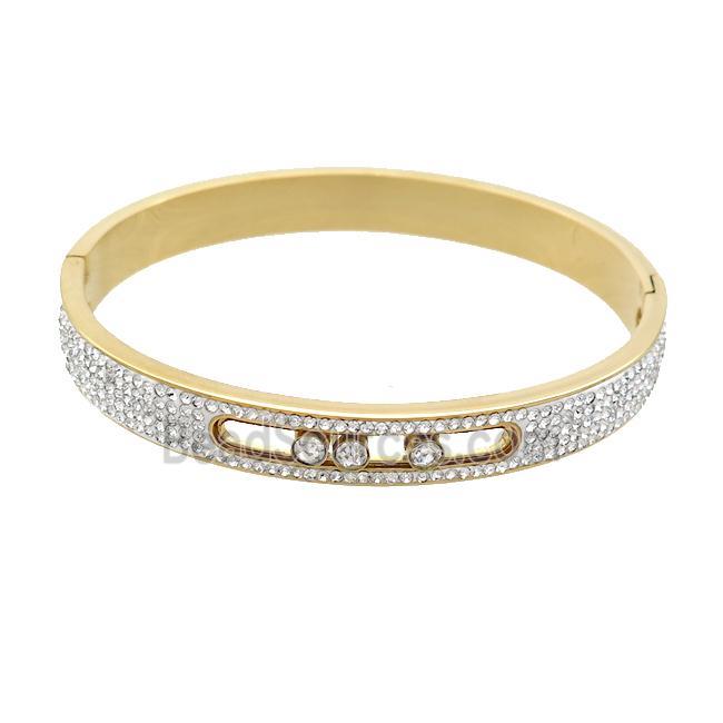 Stainless Steel Bangle Pave Rhinestone Gold Plated