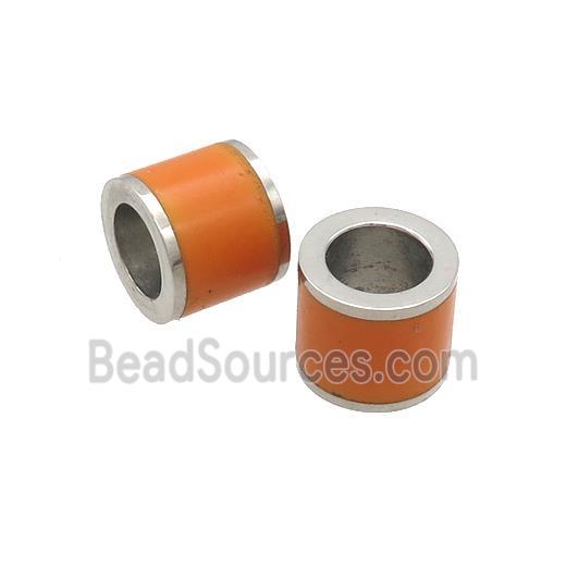 Raw Stainless Steel Column Beads Orange Enamel Large Hole