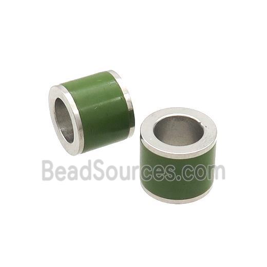 Raw Stainless Steel Column Beads Green Enamel Large Hole