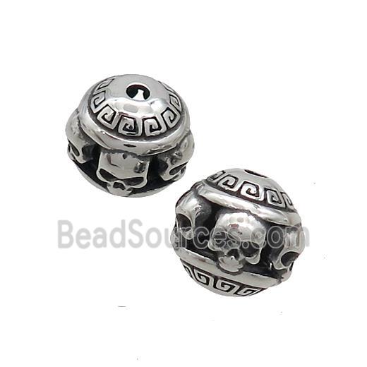 Stainless Steel Round Beads Hollow Skull Antique Silver