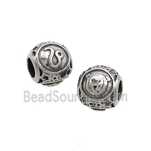 Stainless Steel Round Beads Zodiac Leo Antique Silver