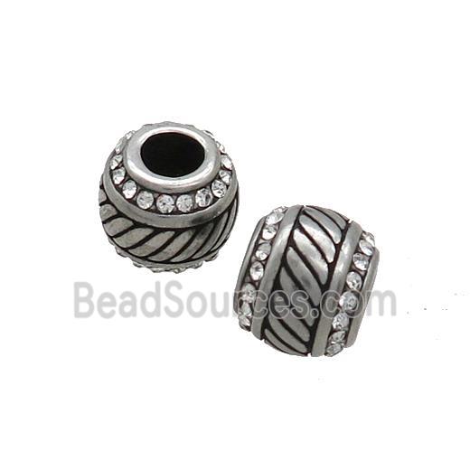 Stainless Steel Round Beads Pave Rhinestone Large Hole Antique Silver