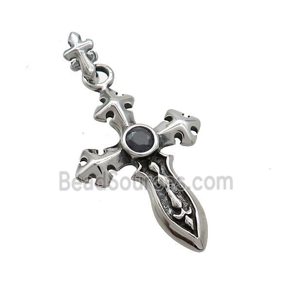 Stainless Steel Cross Pendant Pave Rhinestone Sword Antique Silver