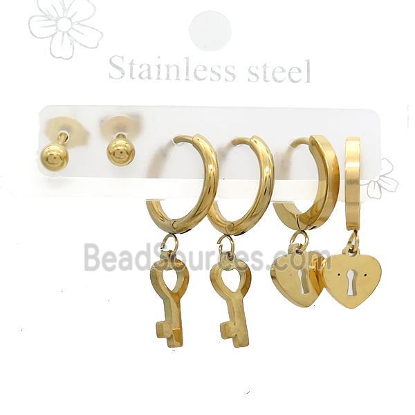 Stainless Steel Earrings Lock Key Gold Plated