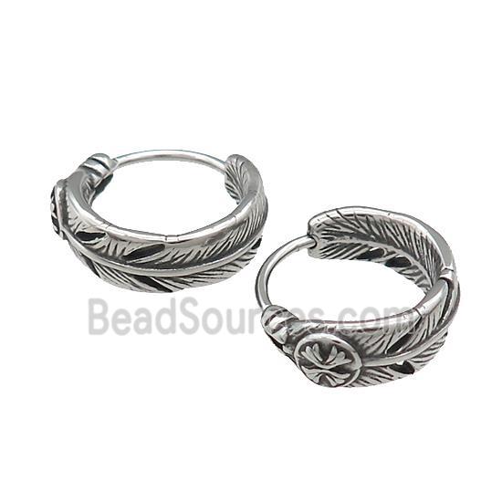 Stainless Steel Hoop Earrings Feather Antique Silver