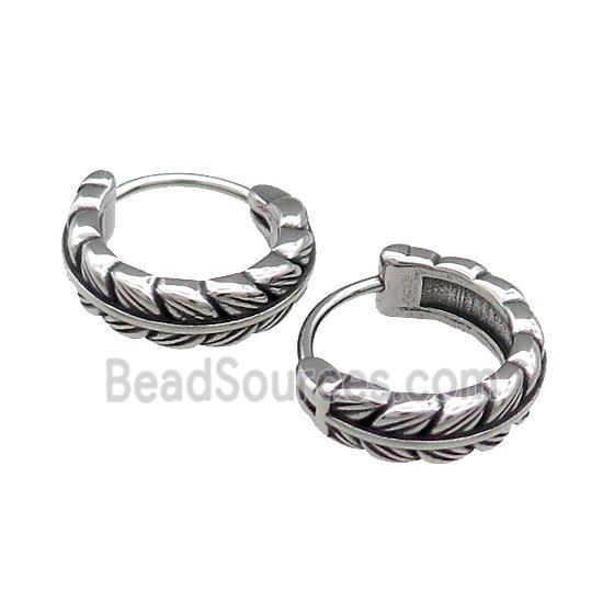 Stainless Steel Hoop Earrings Feather Antique Silver