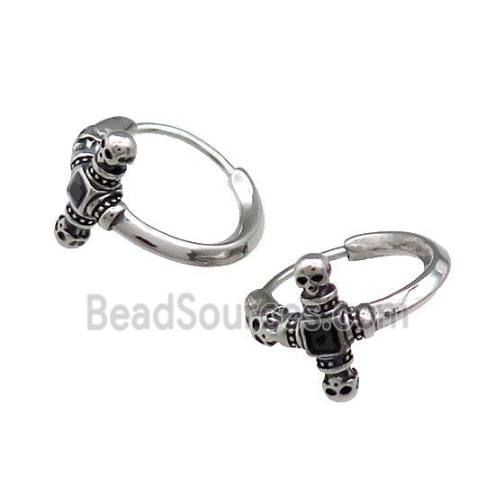 Stainless Steel Hoop Earrings Skull Pave Rhinestone Antique Silver