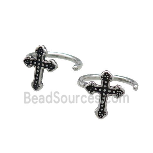 Stainless Steel Clip Earrings Cross Antique Silver