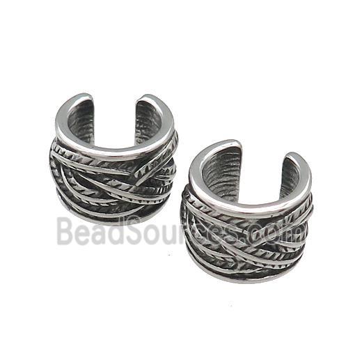 Stainless Steel Clip Earrings Feather Antique Silver