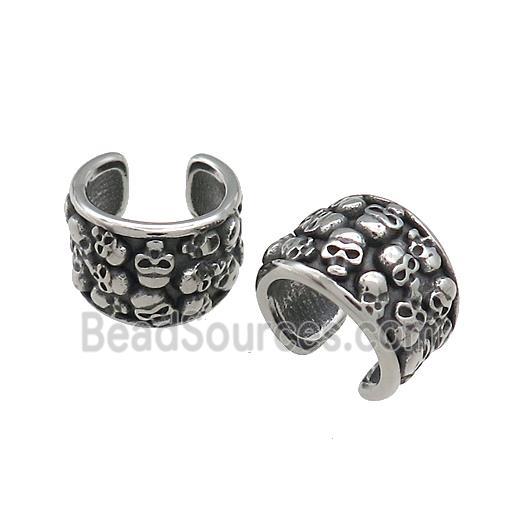 Stainless Steel Clip Earrings Skull Halloween Cuff Antique Silver