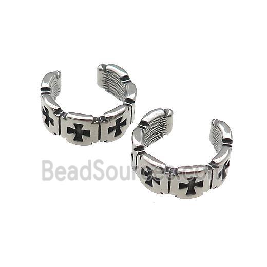 Stainless Steel Clip Earrings Cuff Cross Antique Silver