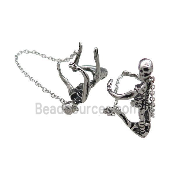 Stainless Steel Clip Earrings Skull Halloween Antique Silver