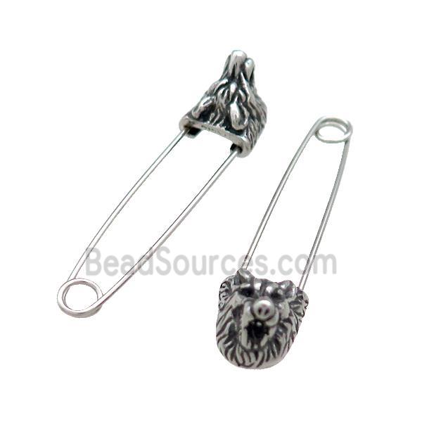 Stainless Steel Safety Pins Lion Antique Silver