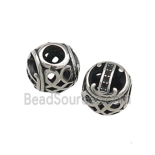 Titanium Steel Round Beads Letter-I Large Hole Hollow Antique Silver