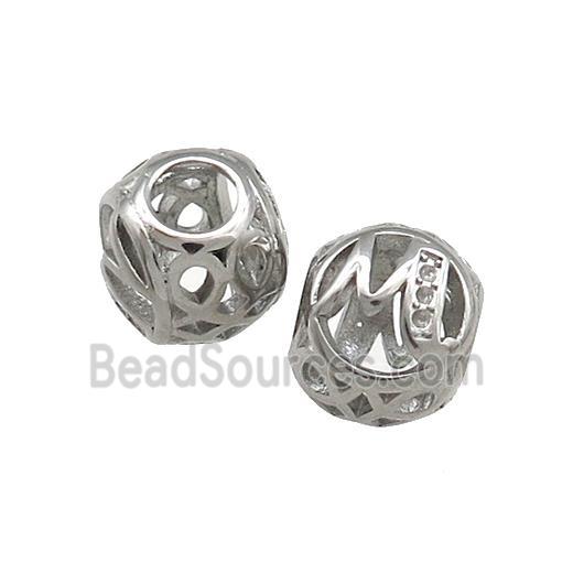Raw Titanium Steel Round Beads Letter-M Large Hole Hollow