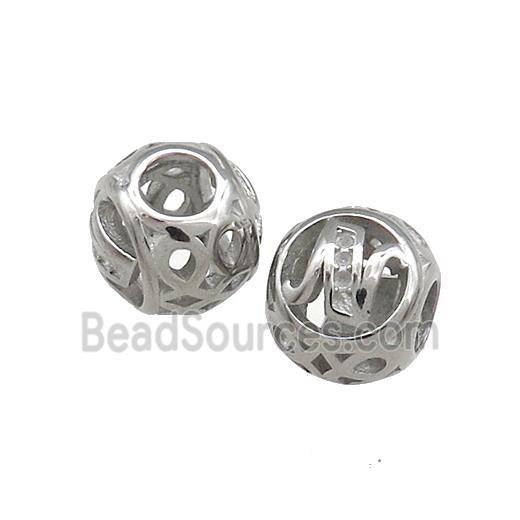 Raw Titanium Steel Round Beads Letter-N Large Hole Hollow