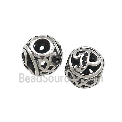 Titanium Steel Round Beads Letter-P Large Hole Hollow Antique Silver