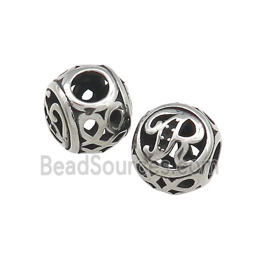 Titanium Steel Round Beads Letter-R Large Hole Hollow Antique Silver