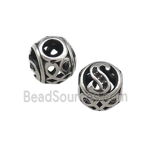 Titanium Steel Round Beads Letter-S Large Hole Hollow Antique Silver