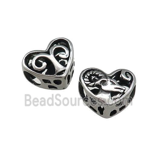 Titanium Steel Heart Beads Zodiac Aries Large Hole Hollow Antique Silver