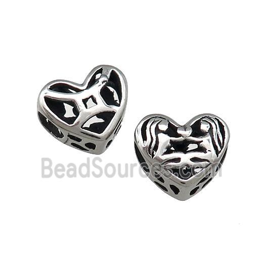 Titanium Steel Heart Beads Zodiac Gemini Large Hole Hollow Antique Silver