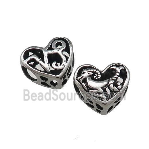 Titanium Steel Heart Beads Zodiac Capricorn Large Hole Hollow Antique Silver