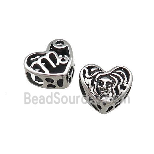 Titanium Steel Heart Beads Zodiac Virgo Large Hole Hollow Antique Silver