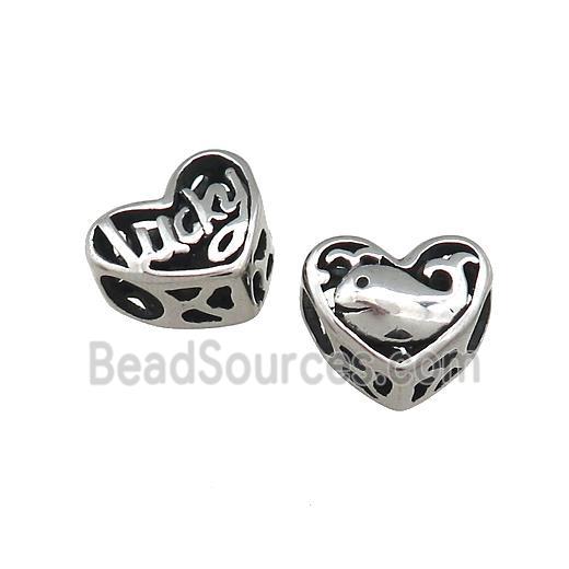 Titanium Steel Heart Beads Lucky Dolphin Large Hole Hollow Antique Silver