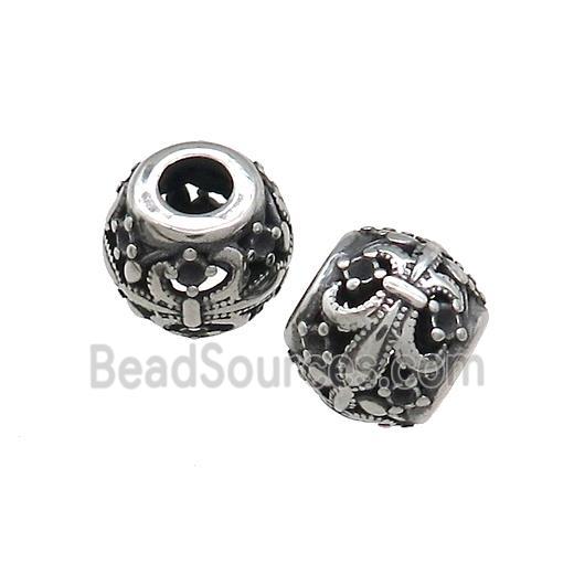 Titanium Steel Round Beads Large Hole Hollow Fleur De Lis Antique Silver