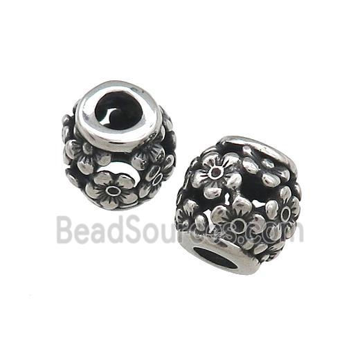 Titanium Steel Barrel Beads Flower Large Hole Hollow Antique Silver