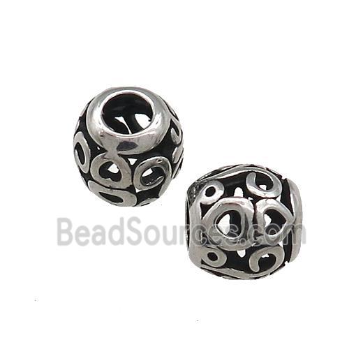 Titanium Steel Round Beads Large Hole Hollow Antique Silver