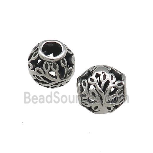 Titanium Steel Round Beads Large Hole Hollow Antique Silver