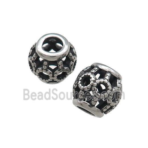 Titanium Steel Round Beads Large Hole Hollow Antique Silver