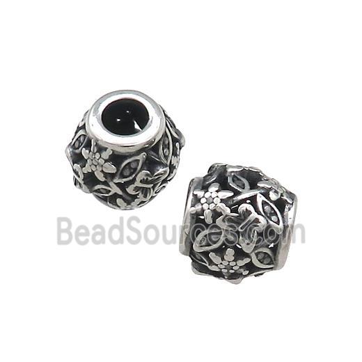 Titanium Steel Round Beads Large Hole Hollow Antique Silver
