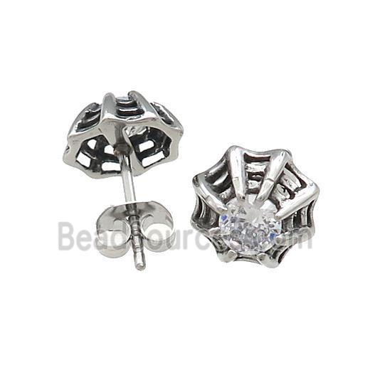 Stainless Steel Stud Earring Pave Rhinestone Cobweb Antique Silver